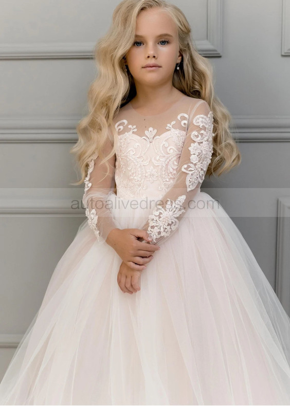 Beaded Long Sleeves Lace Tulle Flower Girl Dress